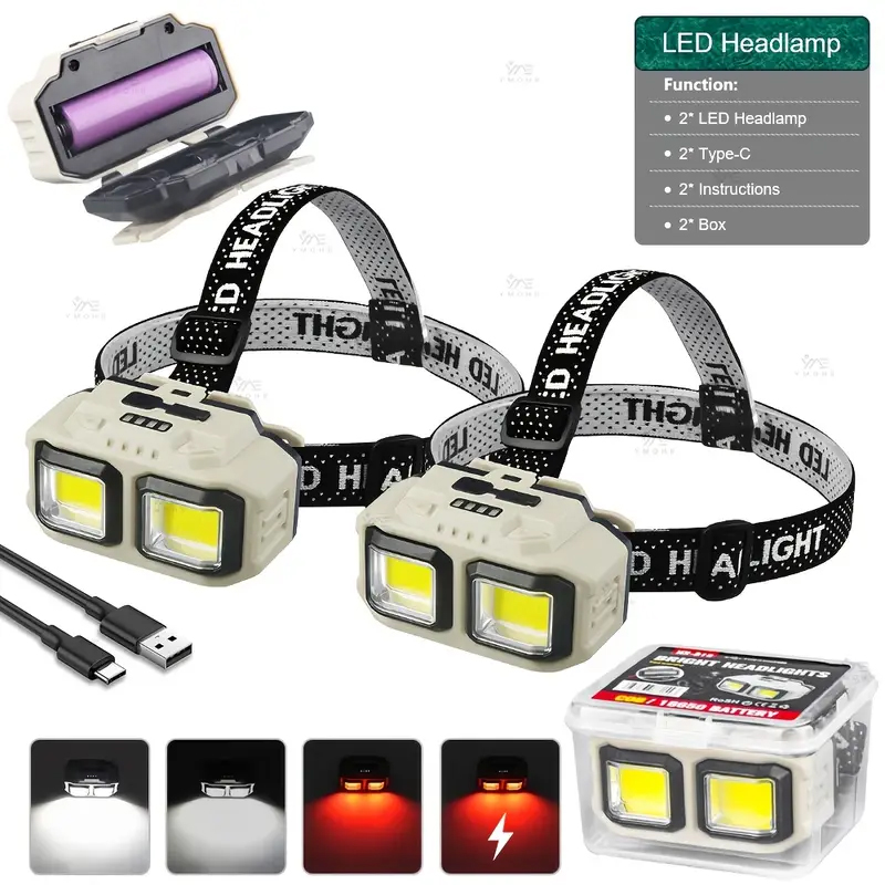 Fishing Headlamp - COB LED Headlamp Rechargeable Headlight Waterproof